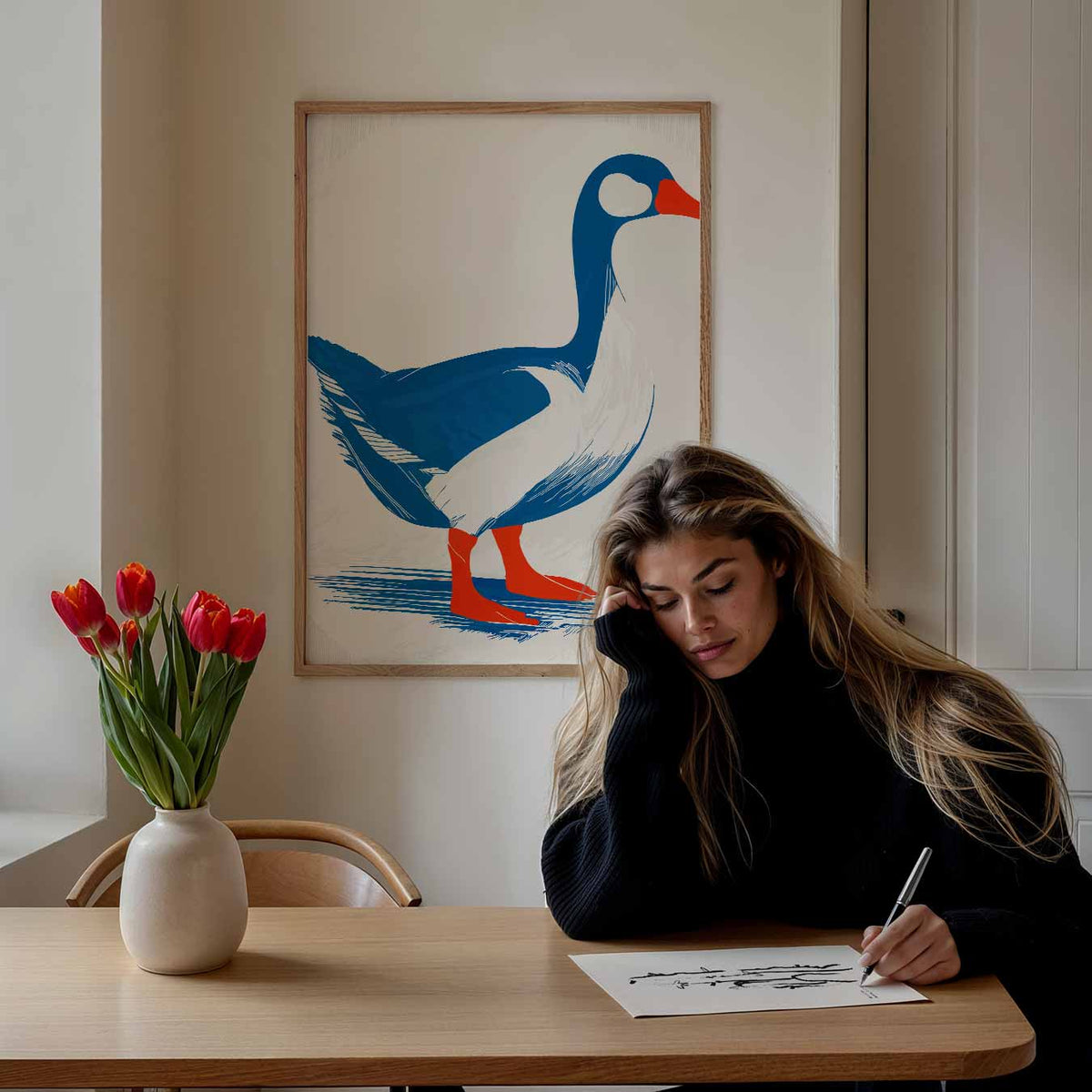 Moderne Blauwe Gans Art Print – zomer poster als frisse staande wanddecoratie