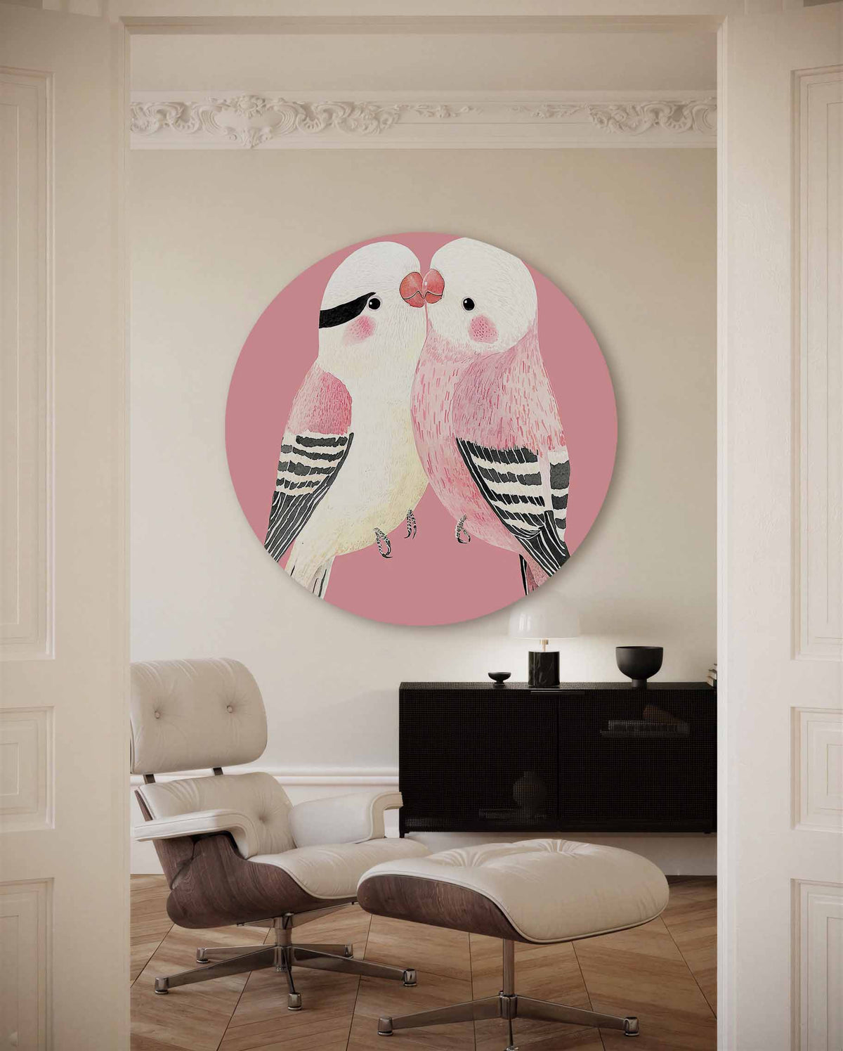 Twee vogels op roze – illustratie muurcirkel als ronde muurdecoratie