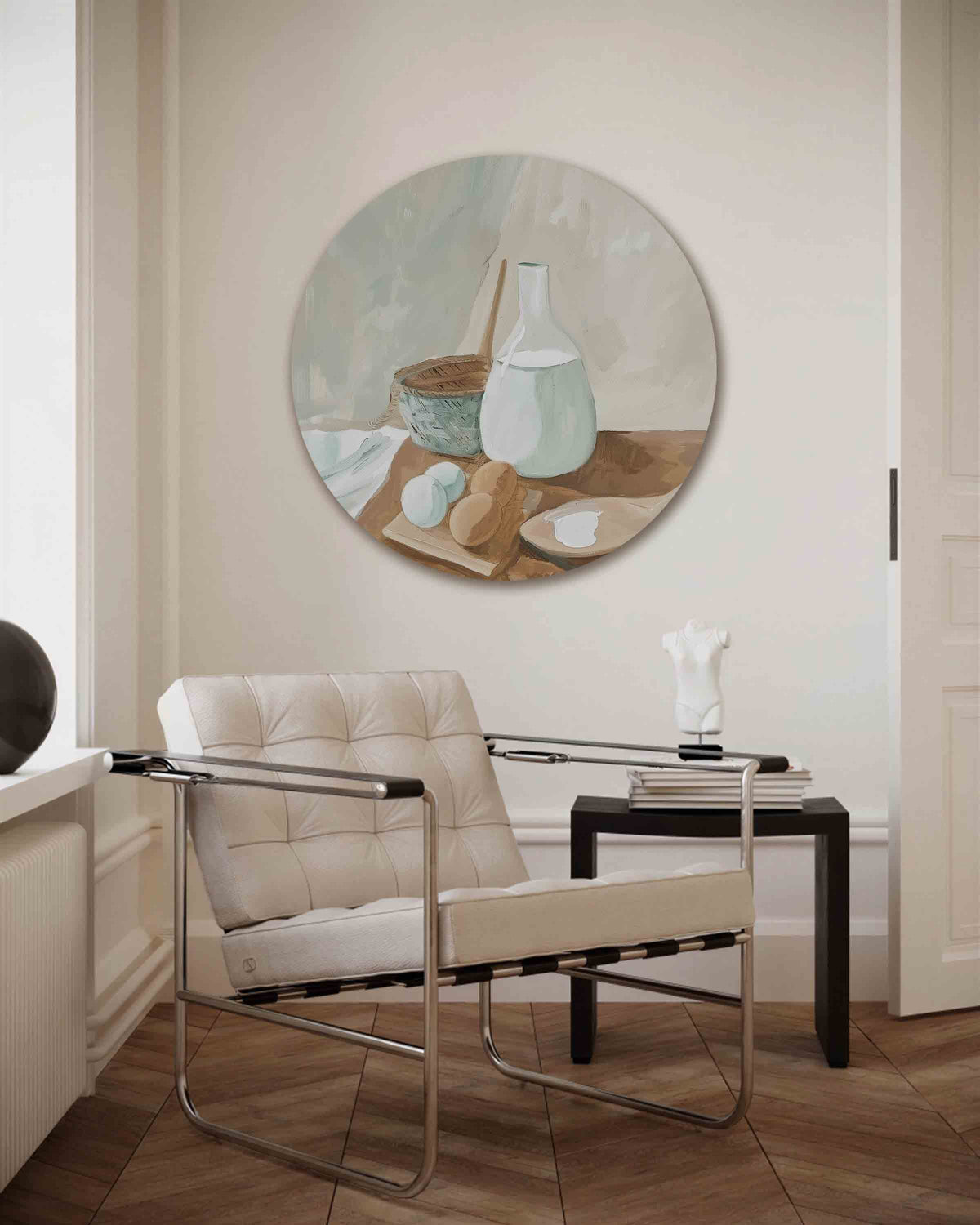 Stilleven met fles en eieren – kleurrijke muurcirkel als ronde wanddecoratie