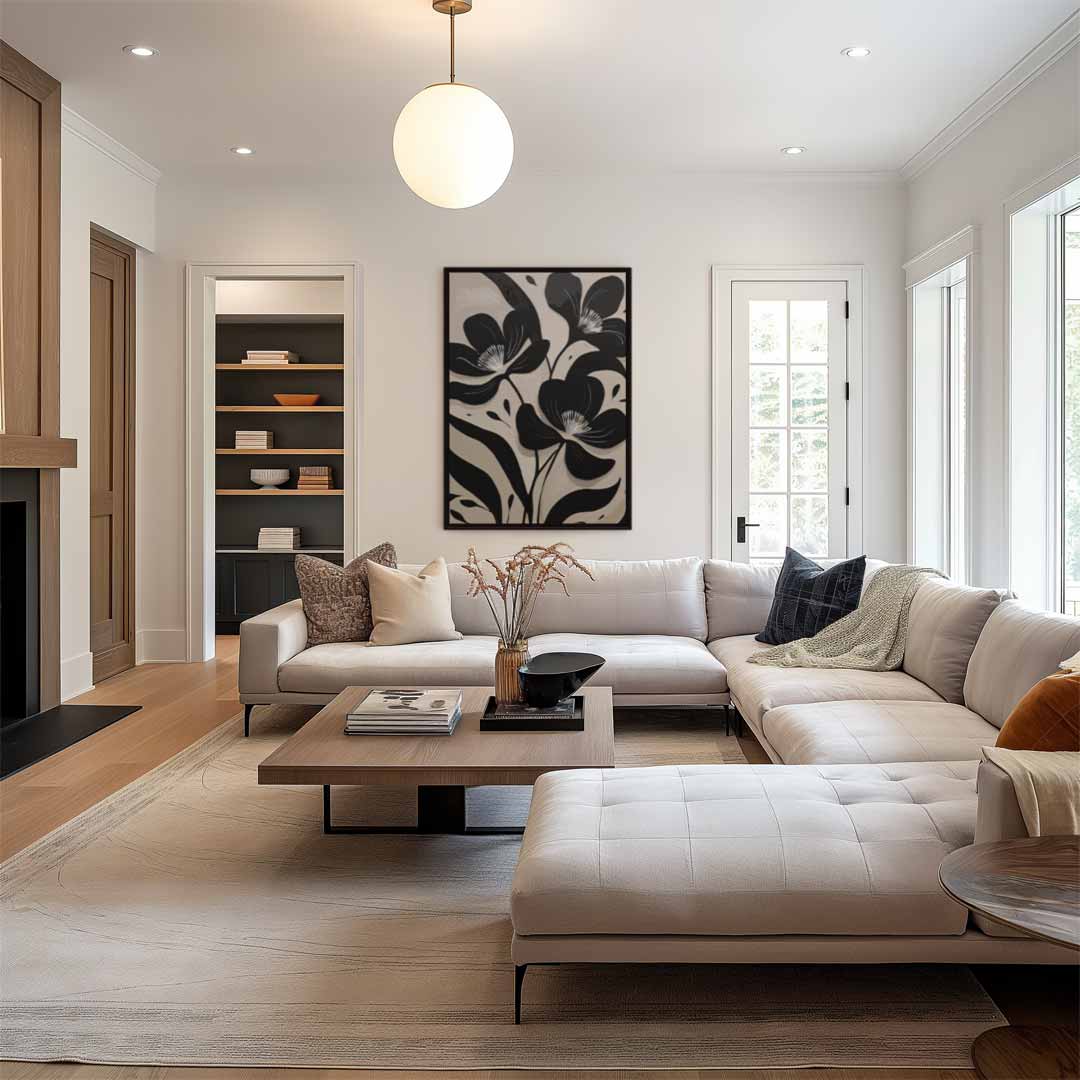 Zwart-Witte Bloemenpracht – staand kunstwerk voor modern interieur
