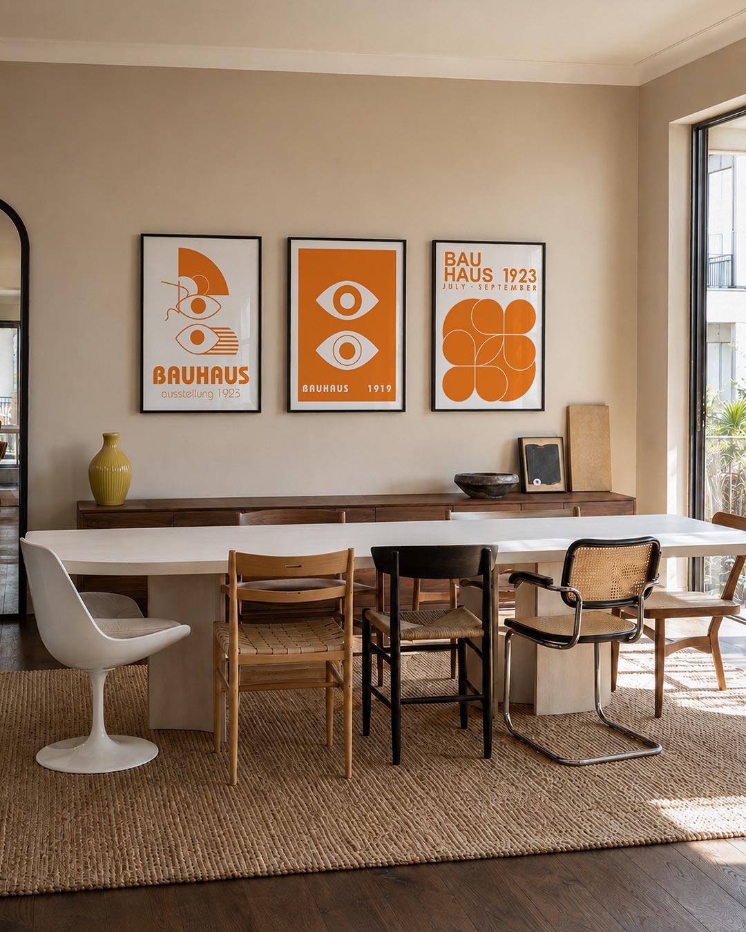 Oog en lijnenspel posterset – tweede productweergave – oranje vormen en lijnen creëren een dynamisch spel van ogen en