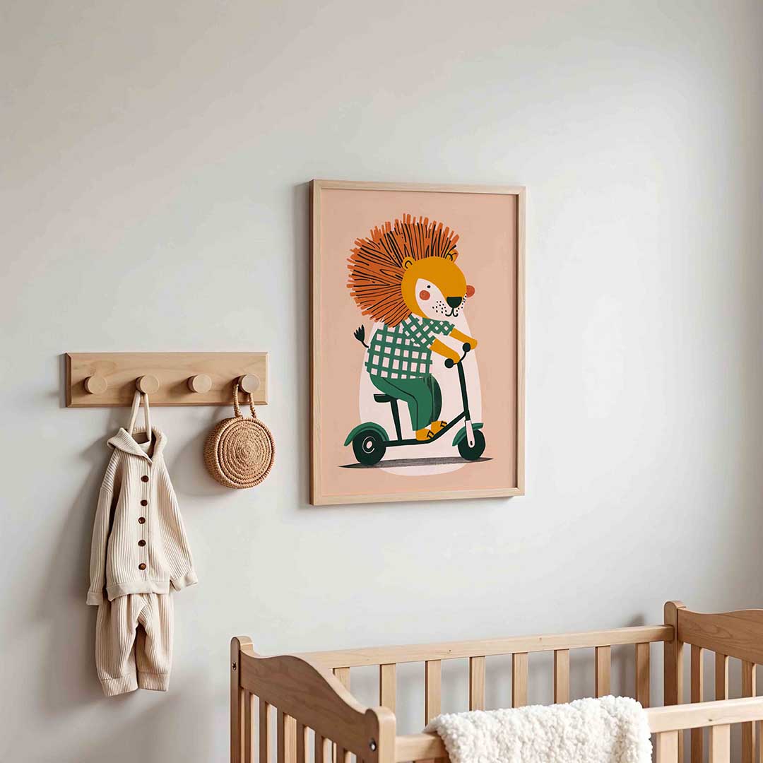Leeuw op step – kinderposter in staand formaat