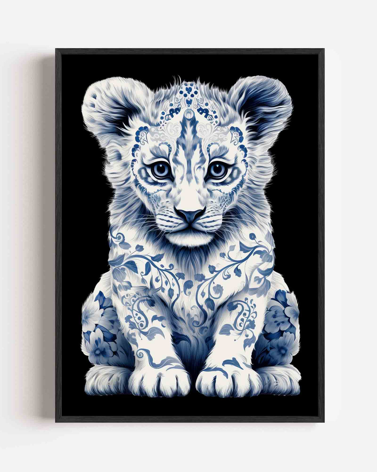 Leeuwenwelp met blauwe patronen – Delfts blauwe portret poster als wanddecoratie