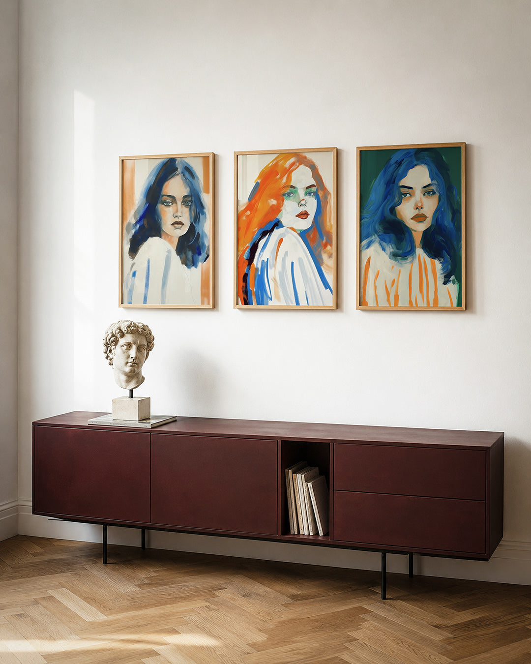 Kleur en portret posterset – detailweergave – een vrouwelijk portret met blauwe en oranje tinten