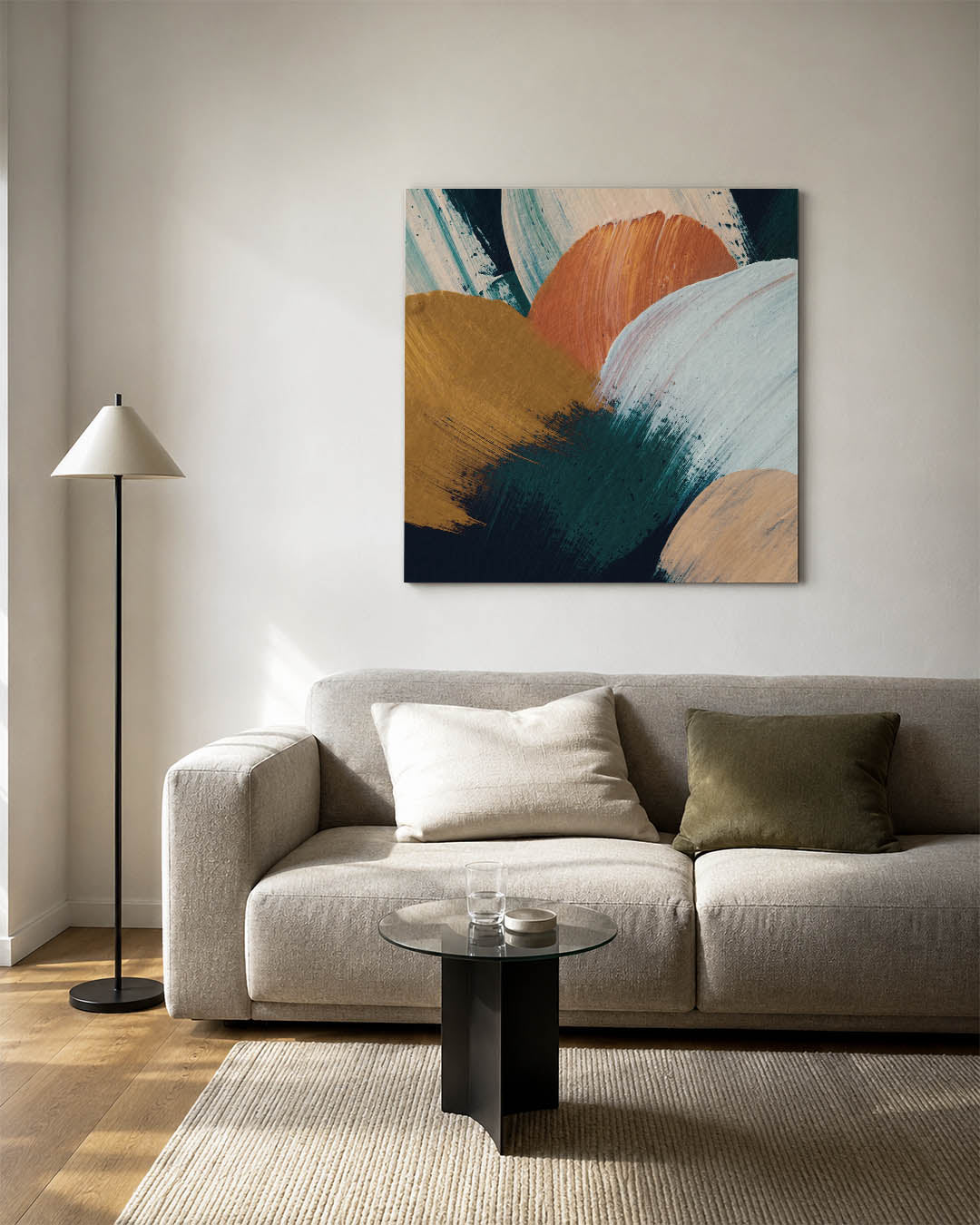 Kleurencompositie kunstwerk – detailweergave – dit werk toont een levendige mix van vloeiende penseelstreken in blauw, orange