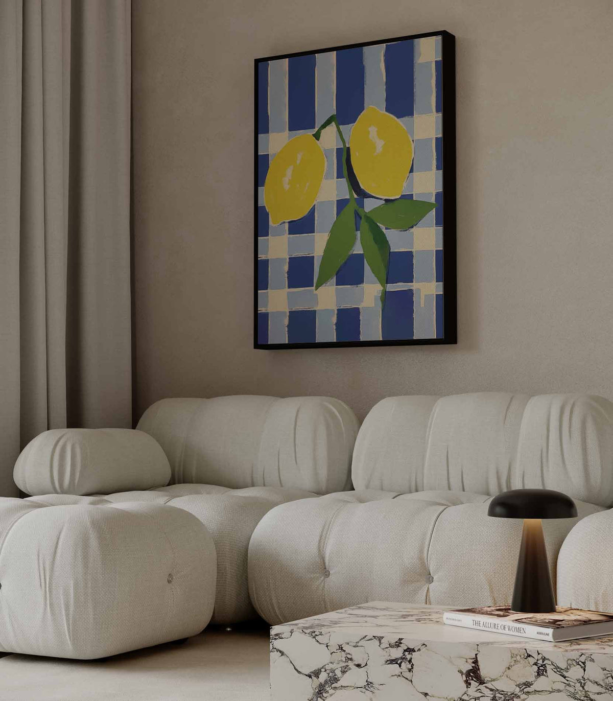 Zonnige Citroenen op Blauwe Schachtdoeken – portret wandkunst van WallArtistic