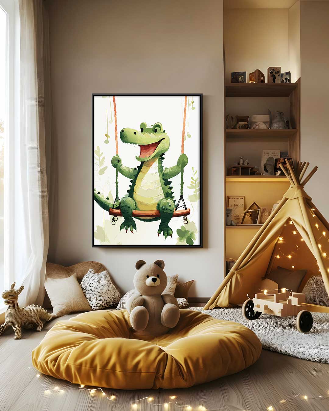 Vrolijke Krokodil op de Schommel – modern portret kunstwerk van WallArtistic