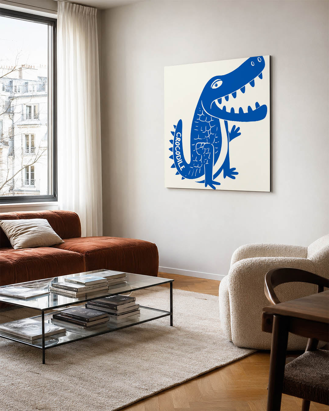 Speelse krokodil illustratie kunstwerk – vierkante wanddecoratie – dit werk toont een speelse blauwe krokodil met een grote