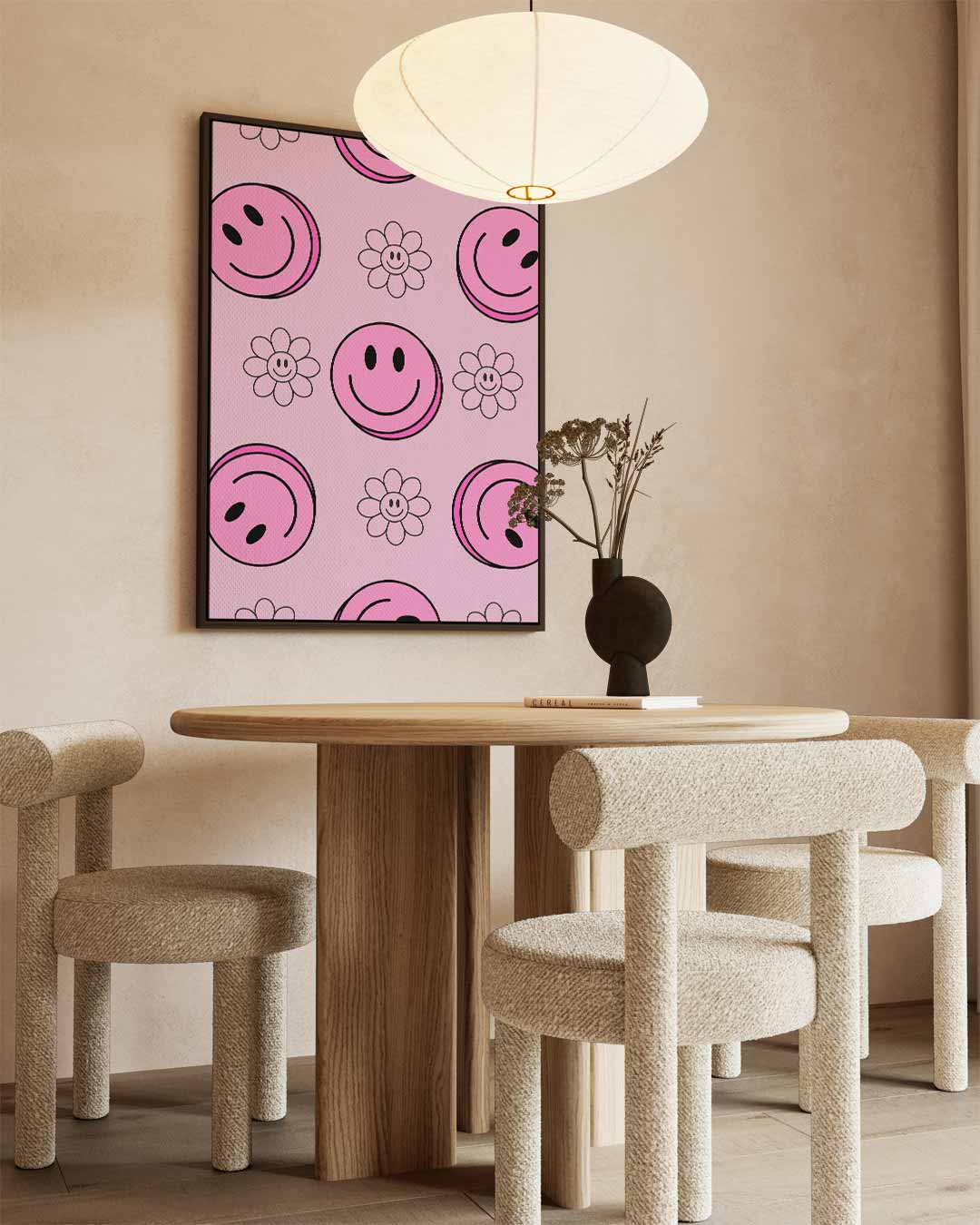 Vrolijke Smiley Bloemen Print – kunstwerk met zwarte baklijst