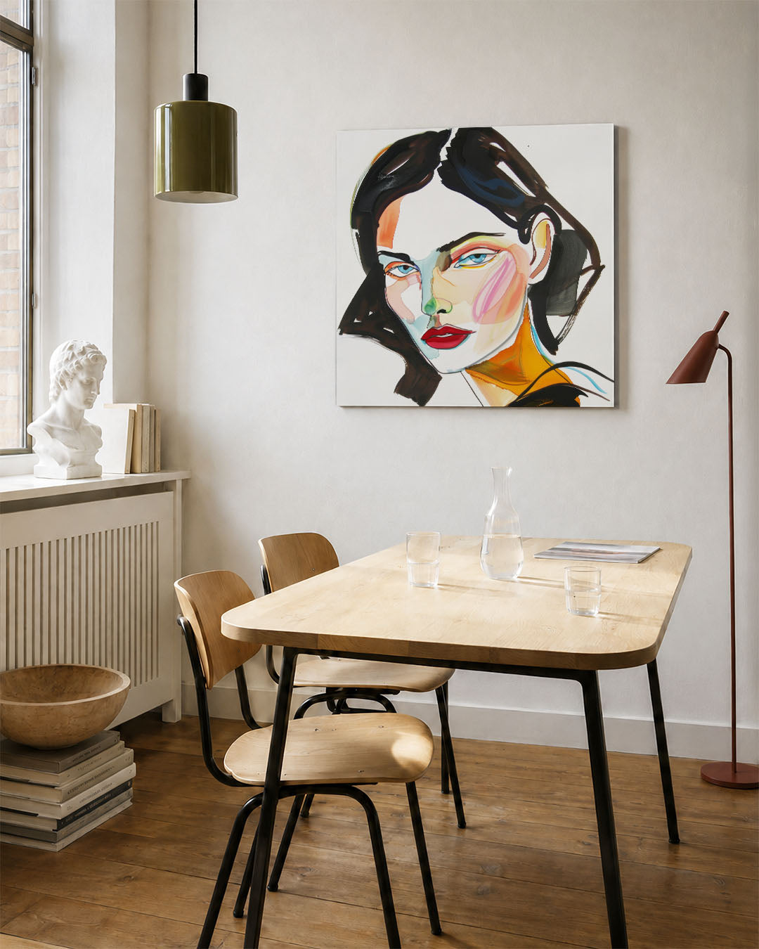 Portret kunstwerk – vierkante wanddecoratie – dit werk toont een portret met vloeiende lijnen en levendige kleuren. De