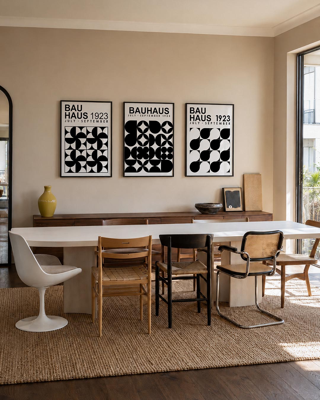 Zwart wit ritme posterset – tweede productweergave – deze posterset in drie delen toont een dynamisch spel van cirkels en