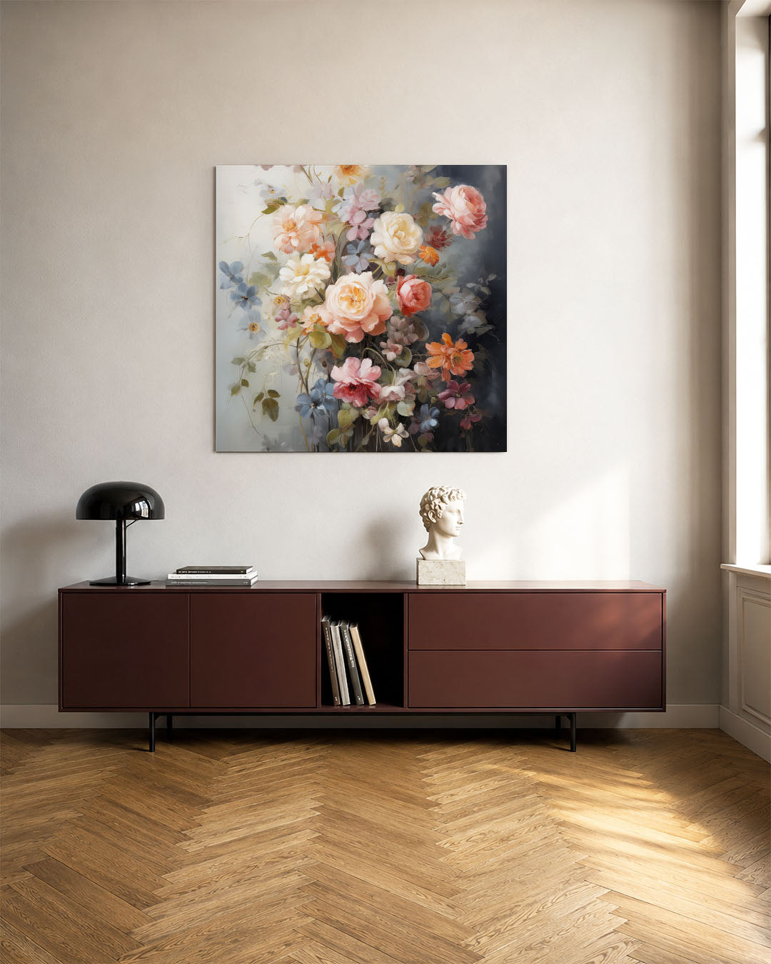 Bloemenpracht kunstwerk – tweede productweergave – dit kunstwerk toont een weelderige verzameling bloemen in zachte tinten