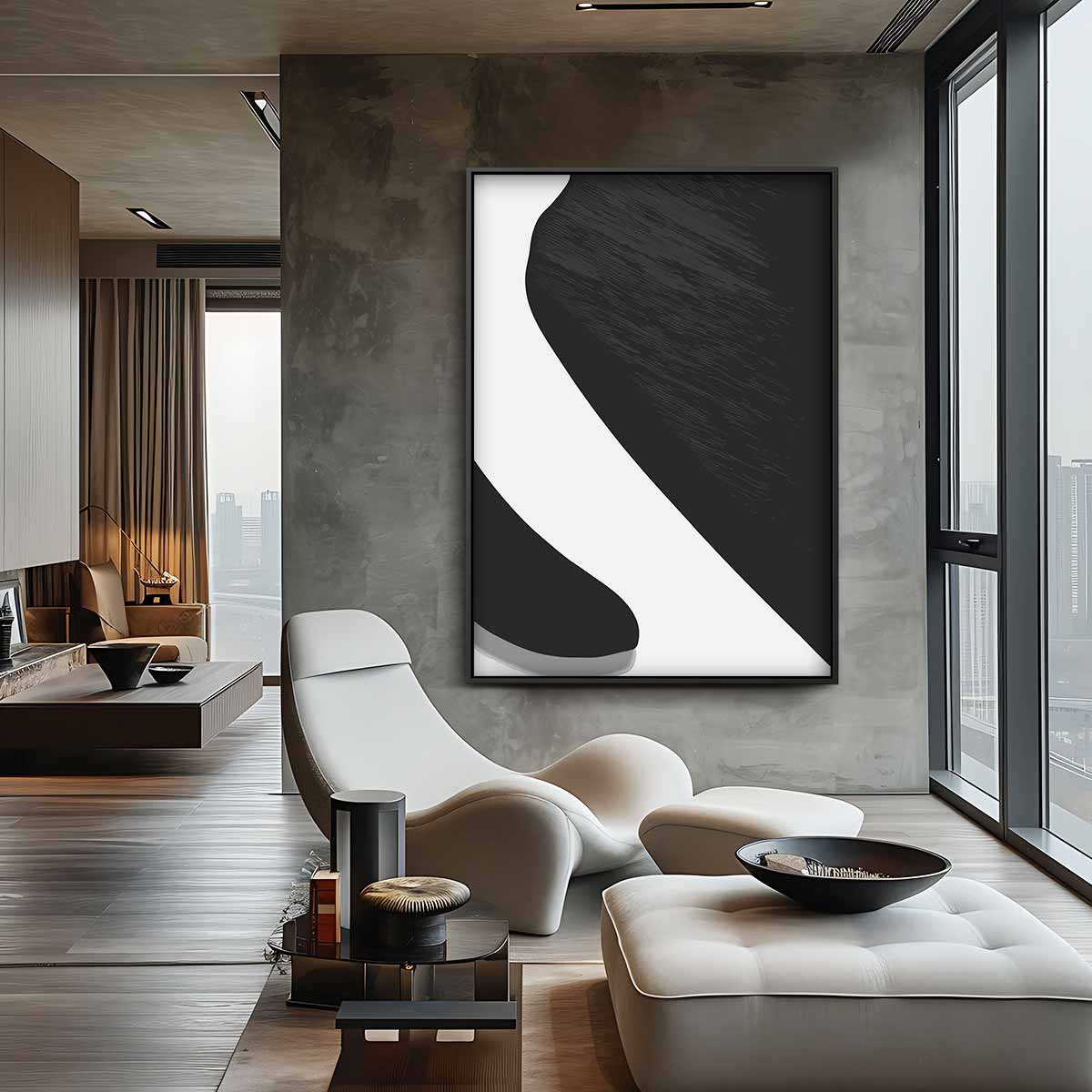 Elegante Abstractie in Zwart & Wit – canvas wanddecoratie in portret formaat