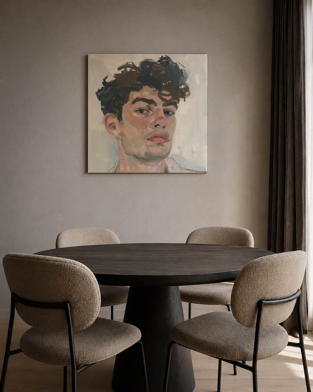 Portretstudie kunstwerk – tweede productweergave – dit werk toont een portret met vloeiende penseelstreken. De kleuren en