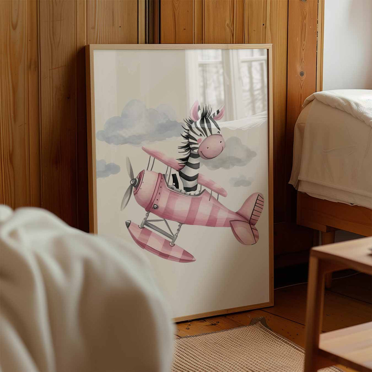 Dromerige Zebra in het Vliegtuig – staande muurposter voor de kinderkamer