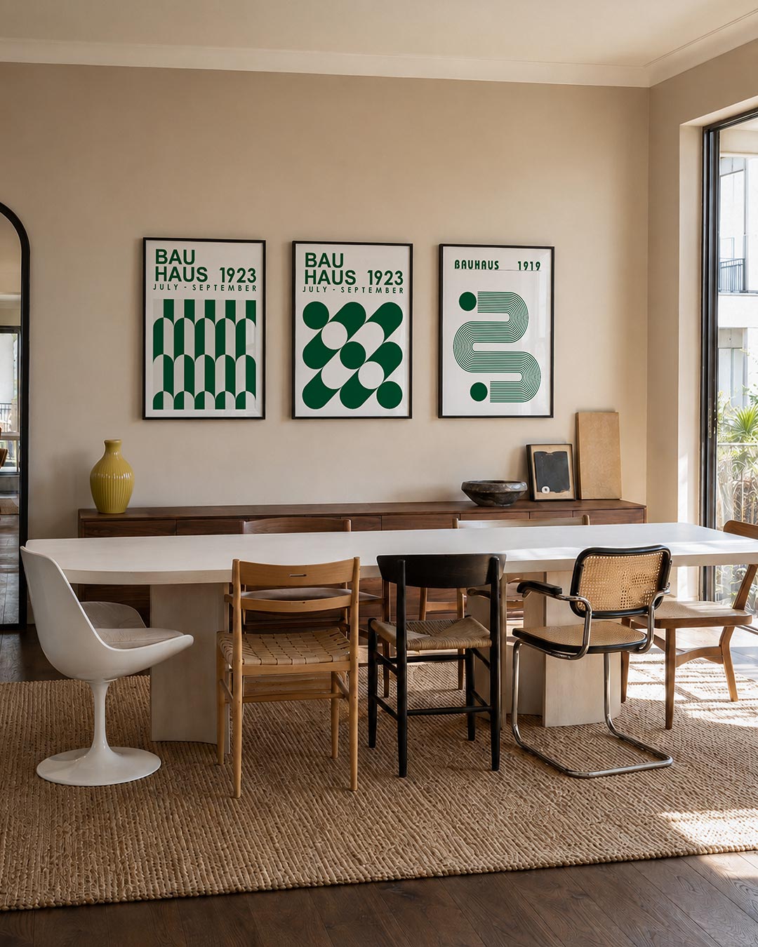 Vorm en ritme posterset – tweede productweergave – deze posterset in drie delen toont een ritmisch spel van groene en witte