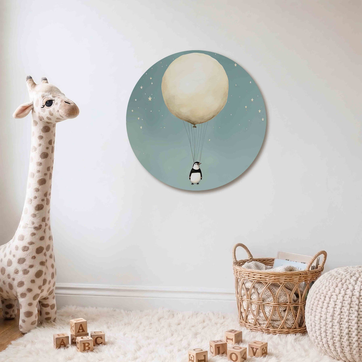 Pinguïn met ballon Muurcirkel – Een pinguïn hangt aan een grote, beige ballon tegen een lichtblauwe achtergrond met kleine