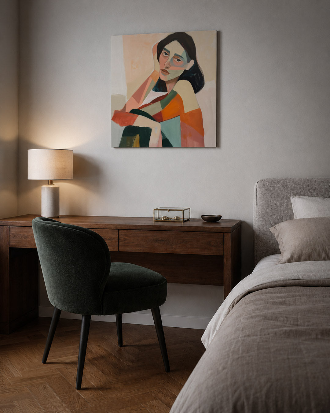 Vrouwelijk portret kleuren kunstwerk – sfeerbeeld – dit kunstwerk toont een vrouwelijk portret met vloeiende lijnen en zachte