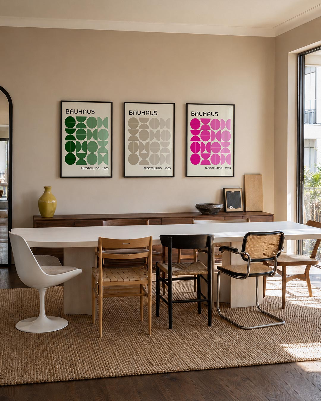Vorm en kleur posterset – tweede productweergave – deze posterset in drie delen toont een speelse ordening van groene cirkels