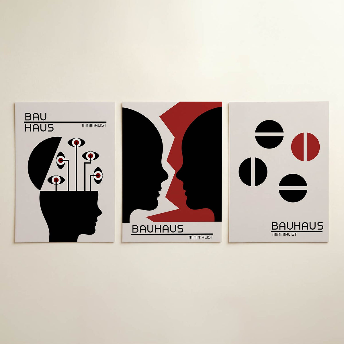 Vormen en blik posterset – detailweergave – een silhouet met ogen op lijnen, in zwart, wit en rood. Strakke lijnen en cirkels