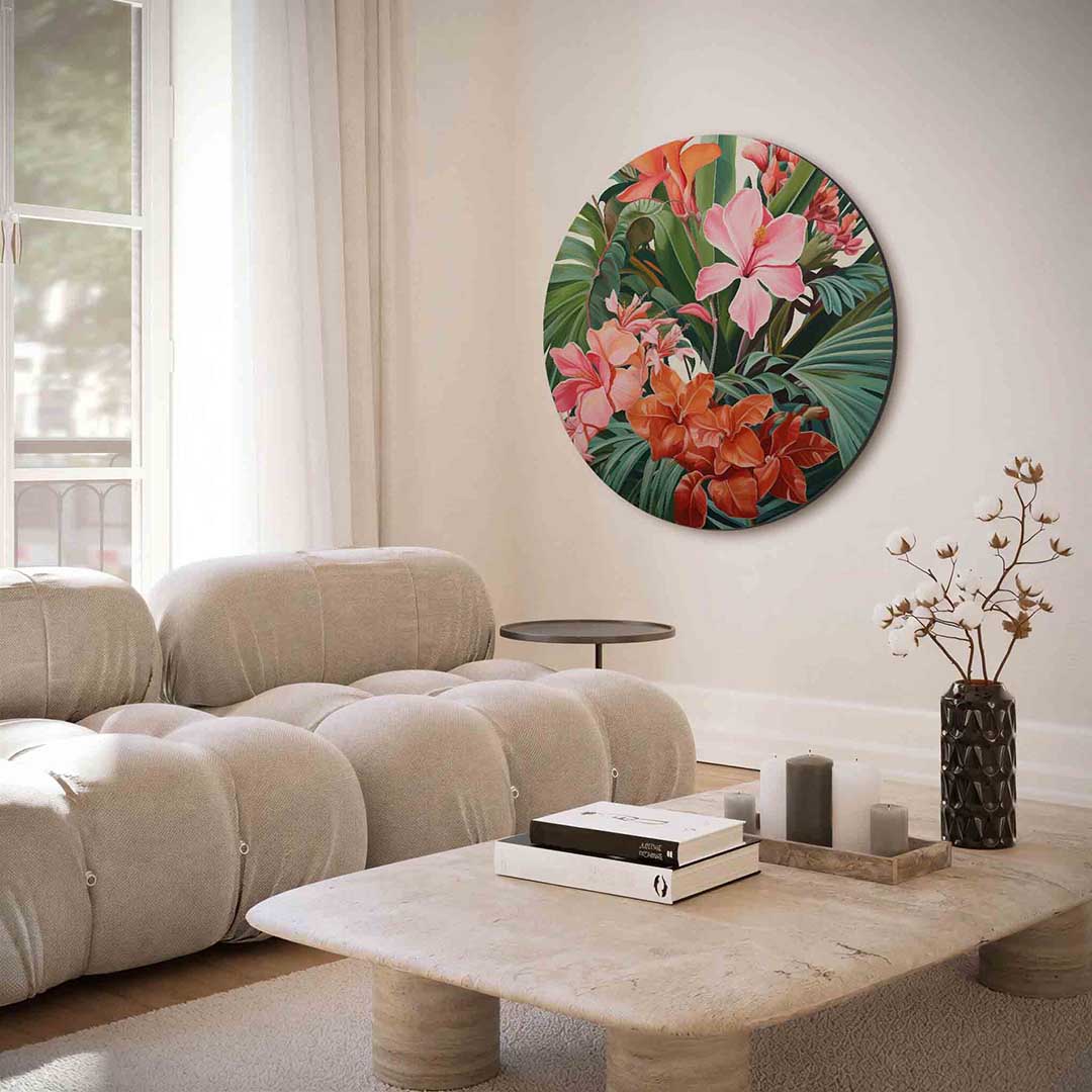 Bloemen en bladeren – portret muurcirkel als ronde muurdecoratie