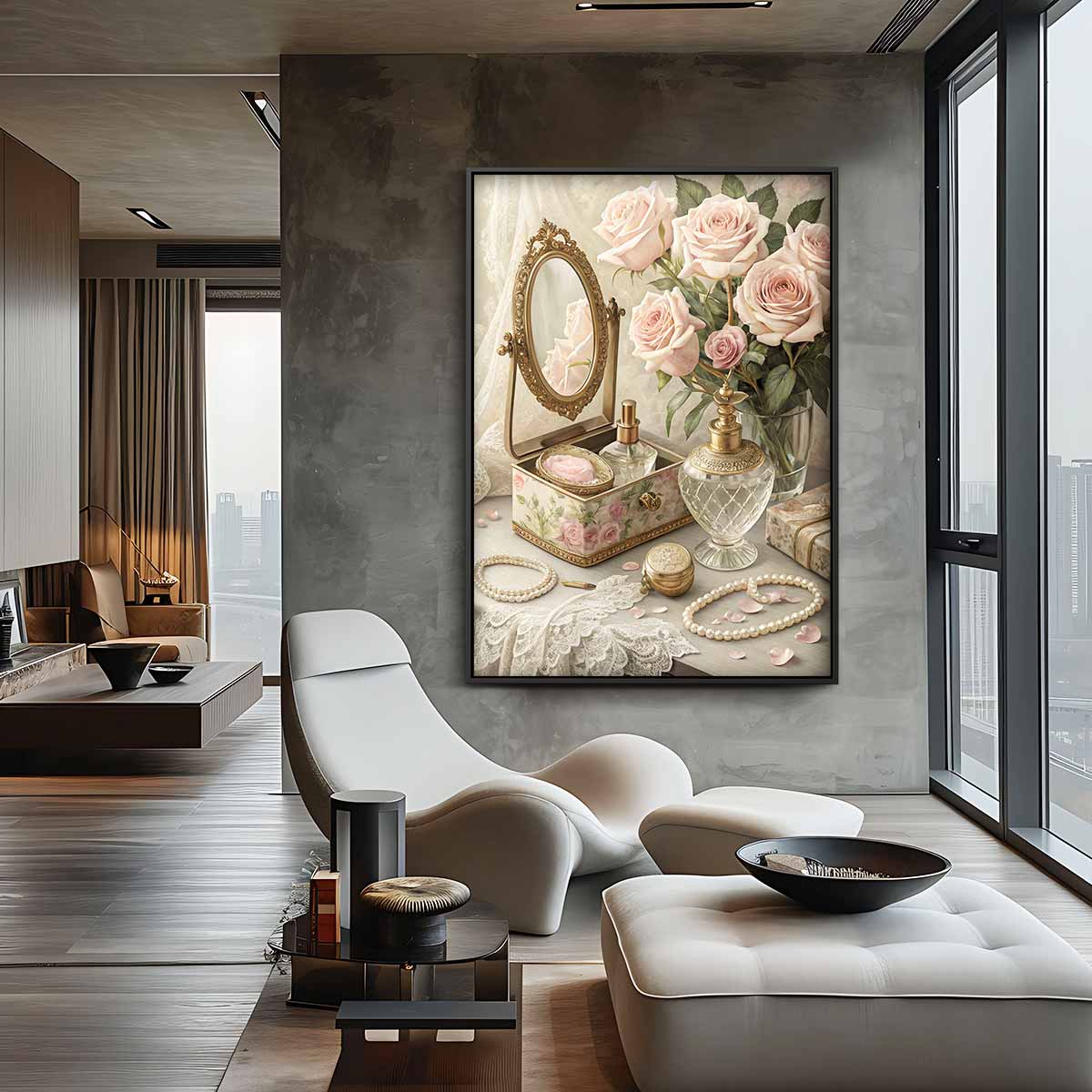 Rozen en Parelglans – staand kunstwerk voor modern interieur