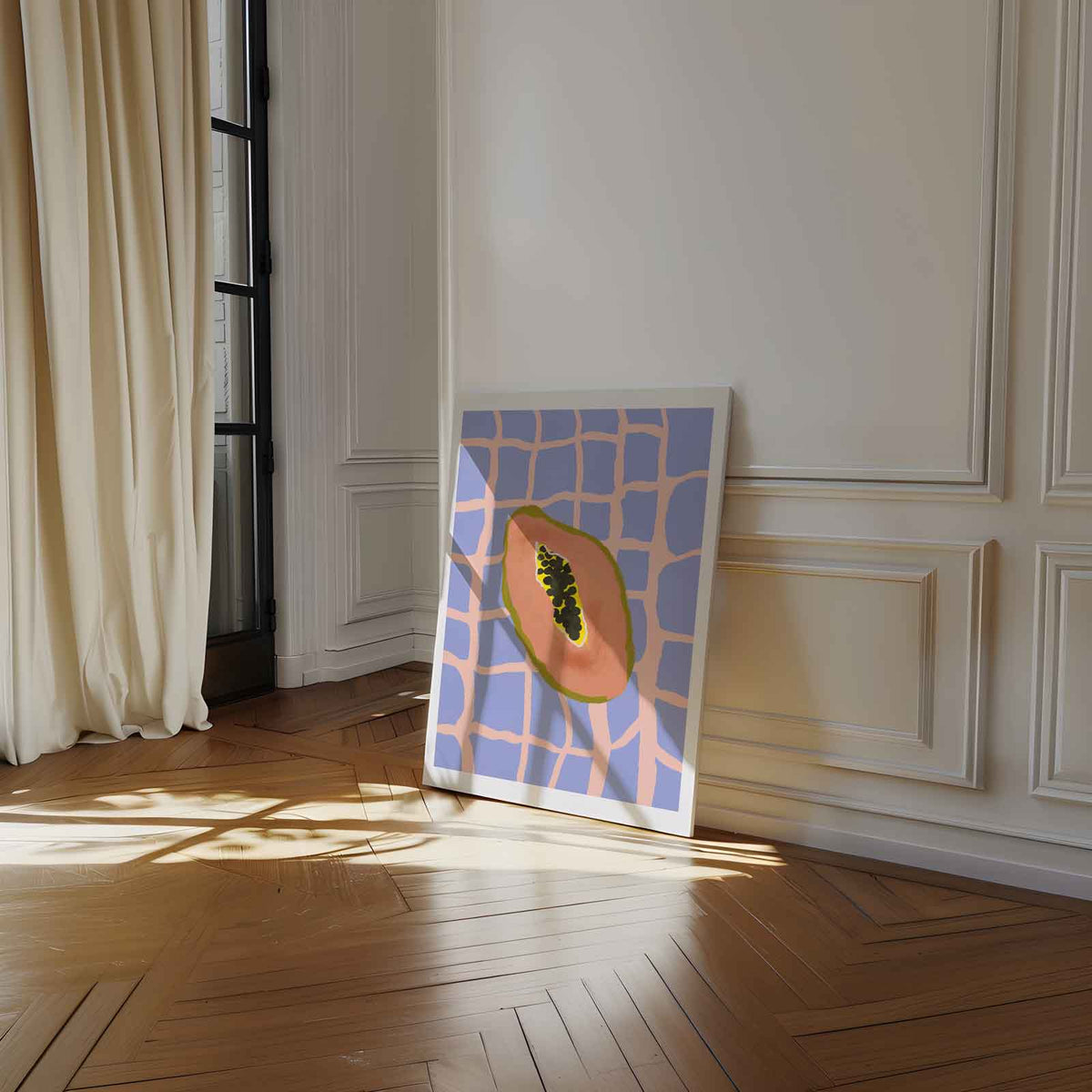 Tropische Papaya Vibes – kunstwerk met zwarte baklijst