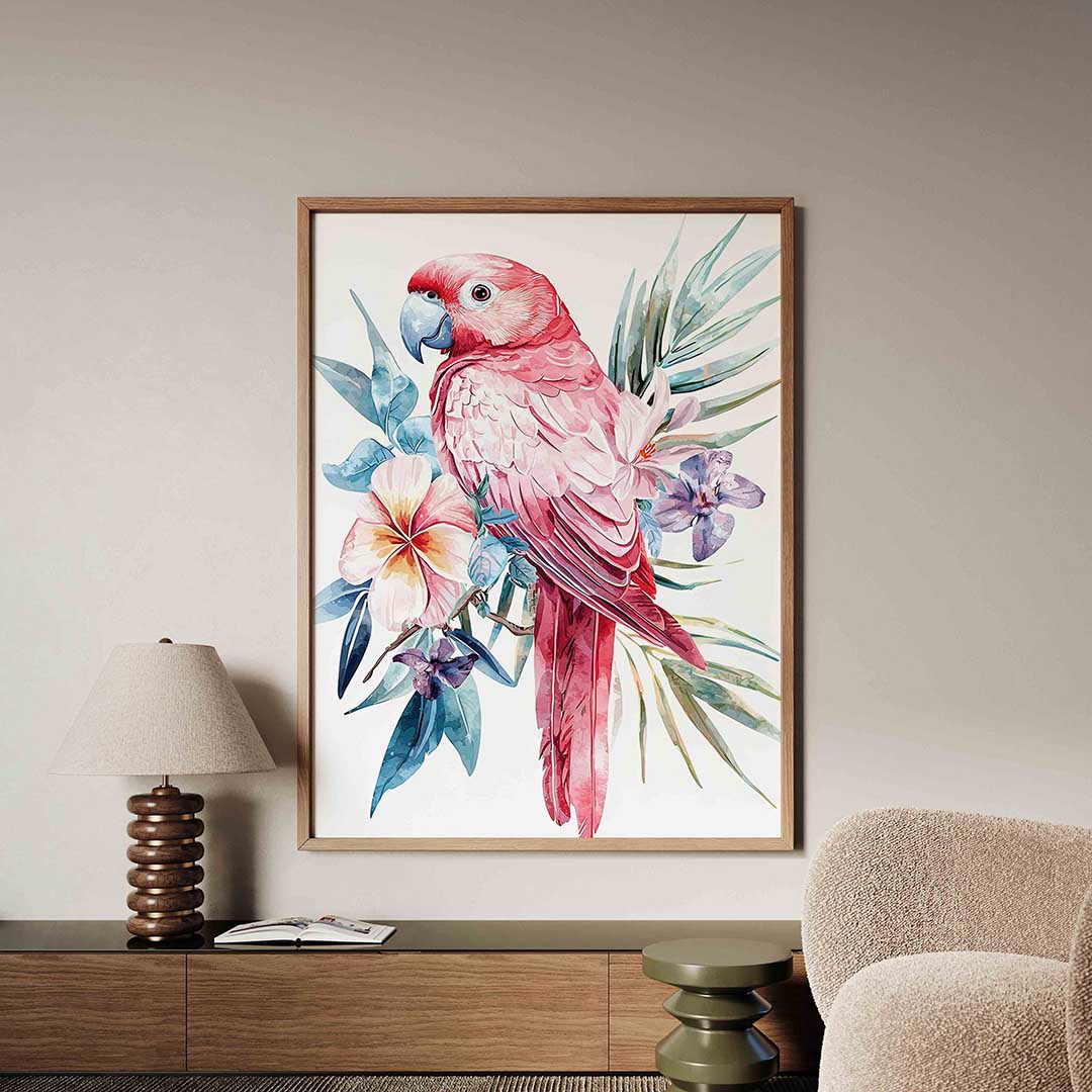 Papegaai met bloemen – dieren poster in staand formaat