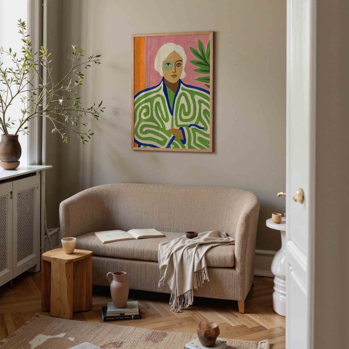 Portret met groene patronen – illustratie poster in staand formaat