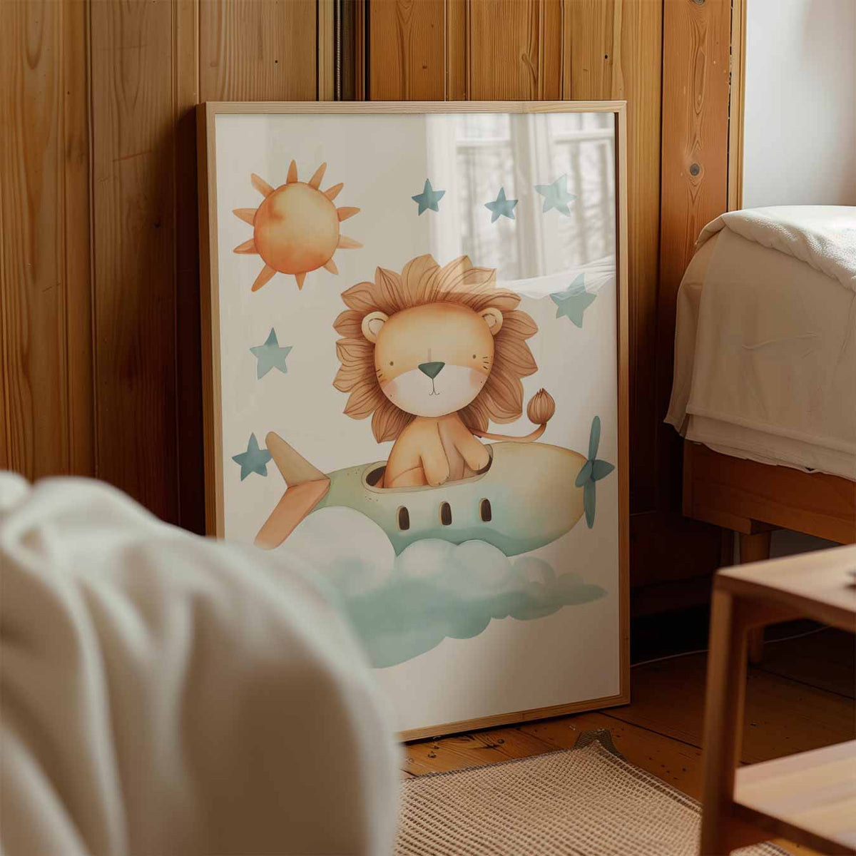 Dromerige Leeuw in het Vliegtuig – staande muurposter voor de kinderkamer