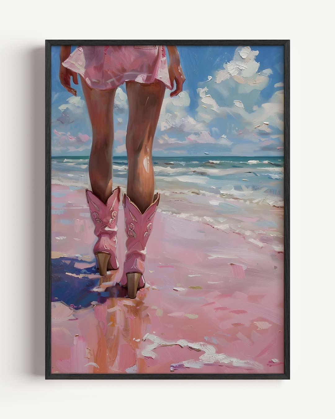 Strandwandeling met Roze Cowboylaarzen – Popart en Streetart portret poster als wanddecoratie