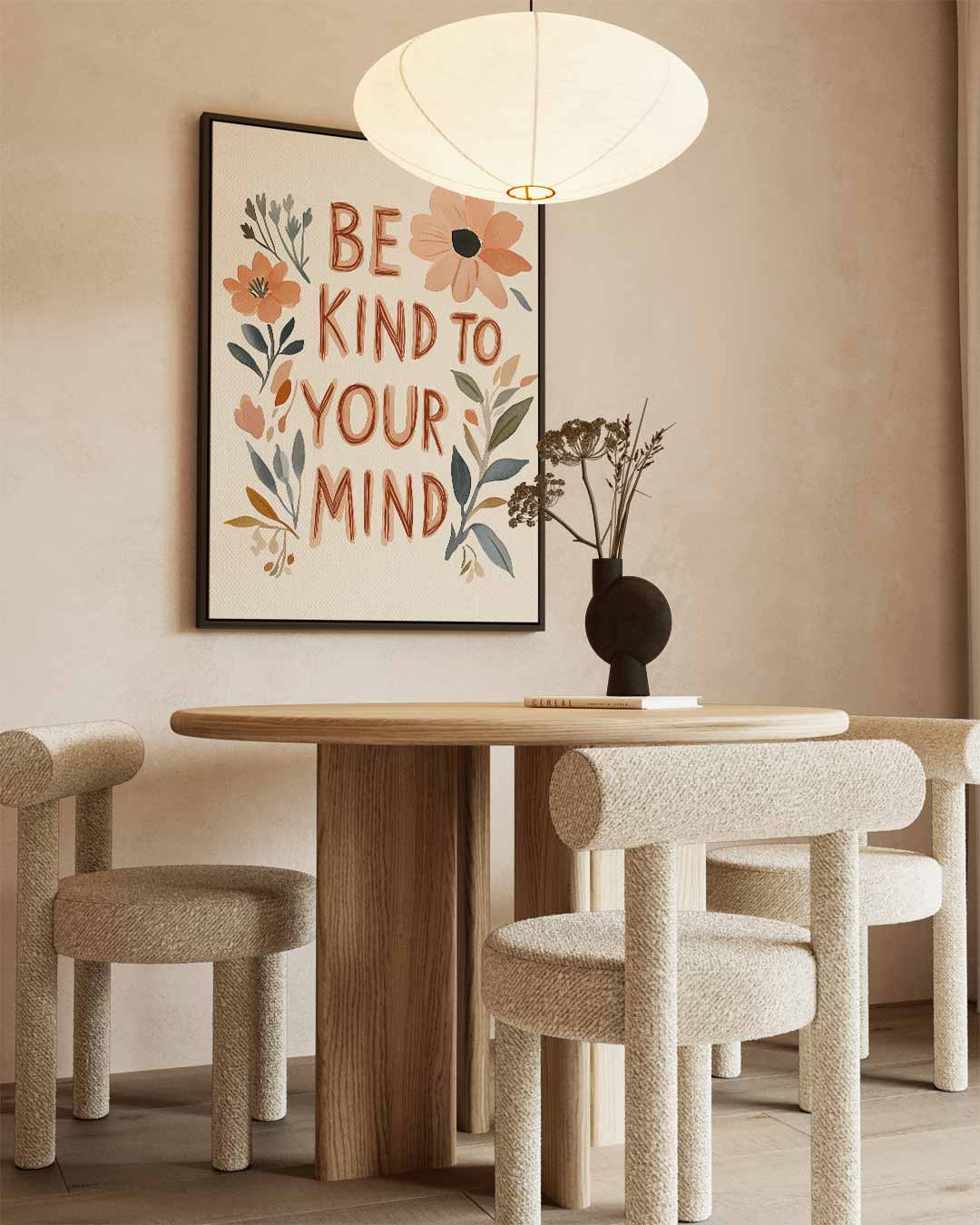 Be Kind to Your Mind Floral Print – kunstwerk met zwarte baklijst