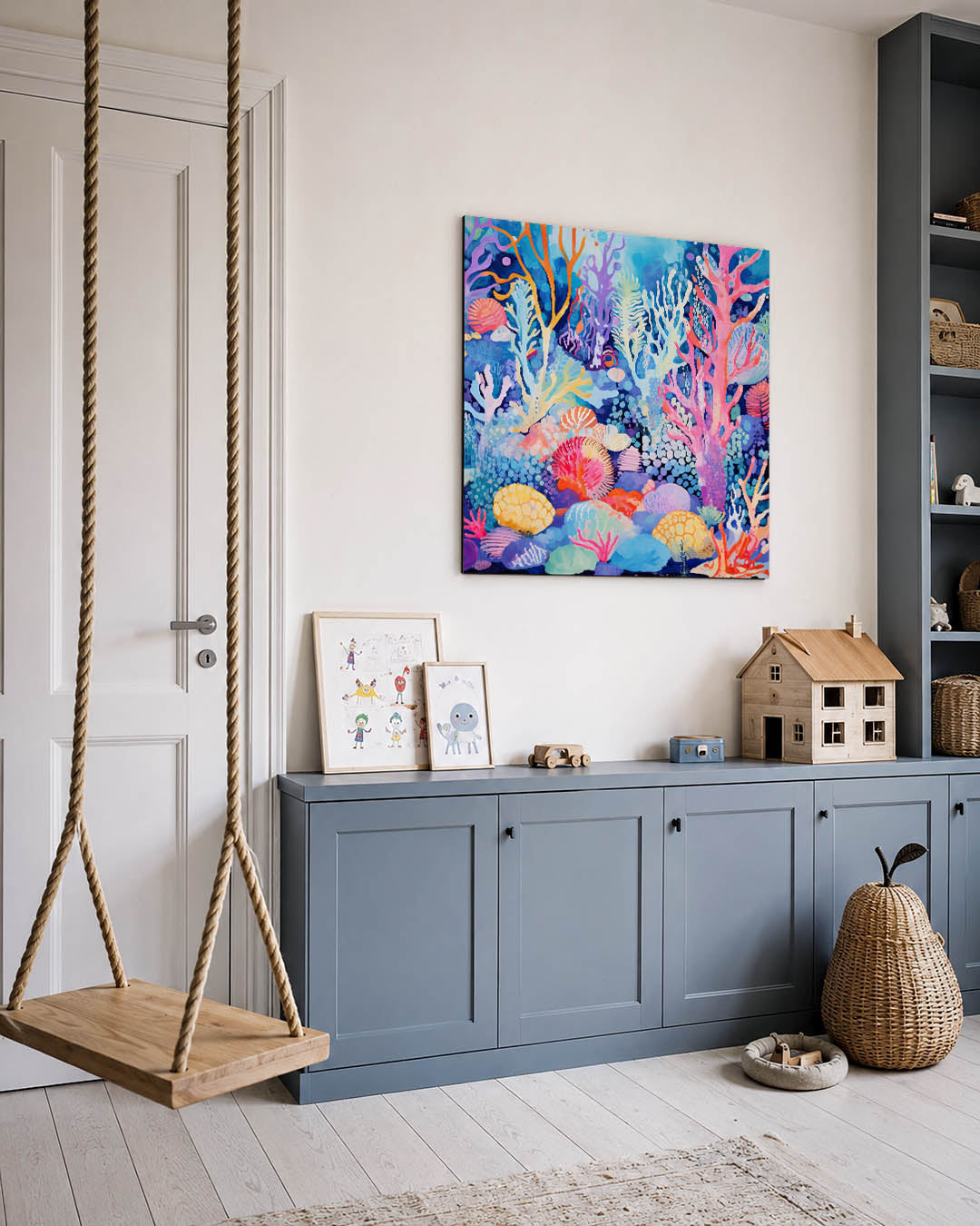 Kleurrijke onderwaterwereld kunstwerk – vierkante wanddecoratie – dit kunstwerk toont een levendige onderwaterwereld met