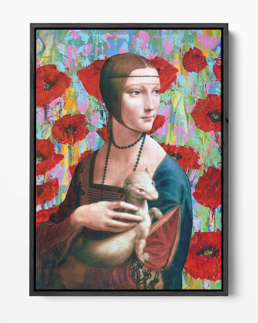 Vrouw met Wezel en Rode Bloemen – portret kunstwerk als wanddecoratie