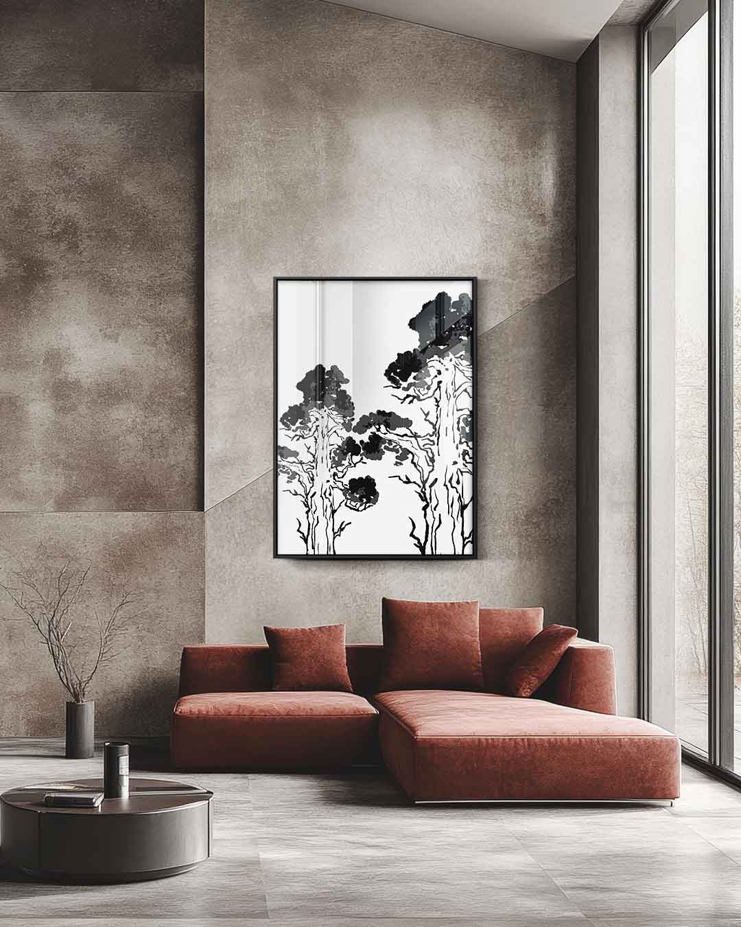 Zwart-wit Bospracht – staande wandkunst voor woonkamer of interieur