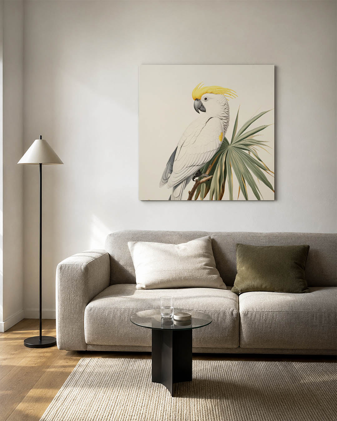 Papegaai en bladeren kunstwerk – detailweergave – dit werk toont een gedetailleerde witte papegaai met een gele kuif, zittend