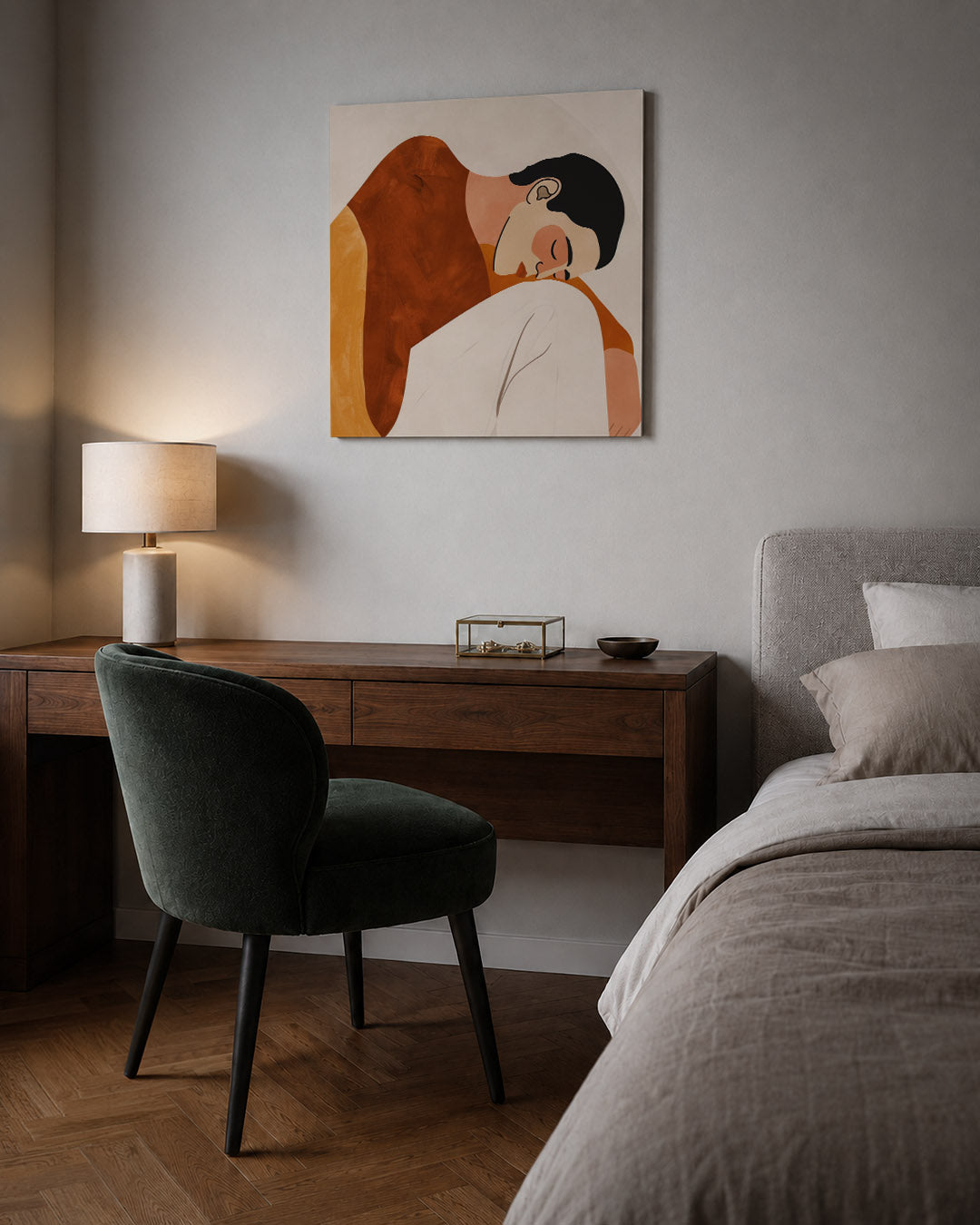 Gestileerde figuren kunstwerk – sfeerbeeld – dit werk toont vloeiende lijnen en zachte vormen in warme tinten. De compositie