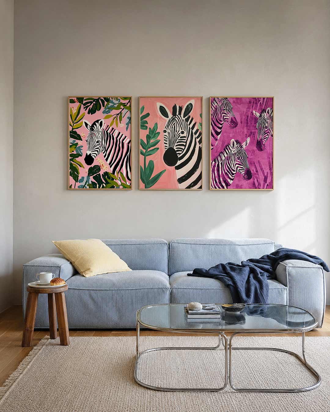 Zebra en bladeren posterset – tweede productweergave – een zebra met zwart-witte strepen omringd door groene