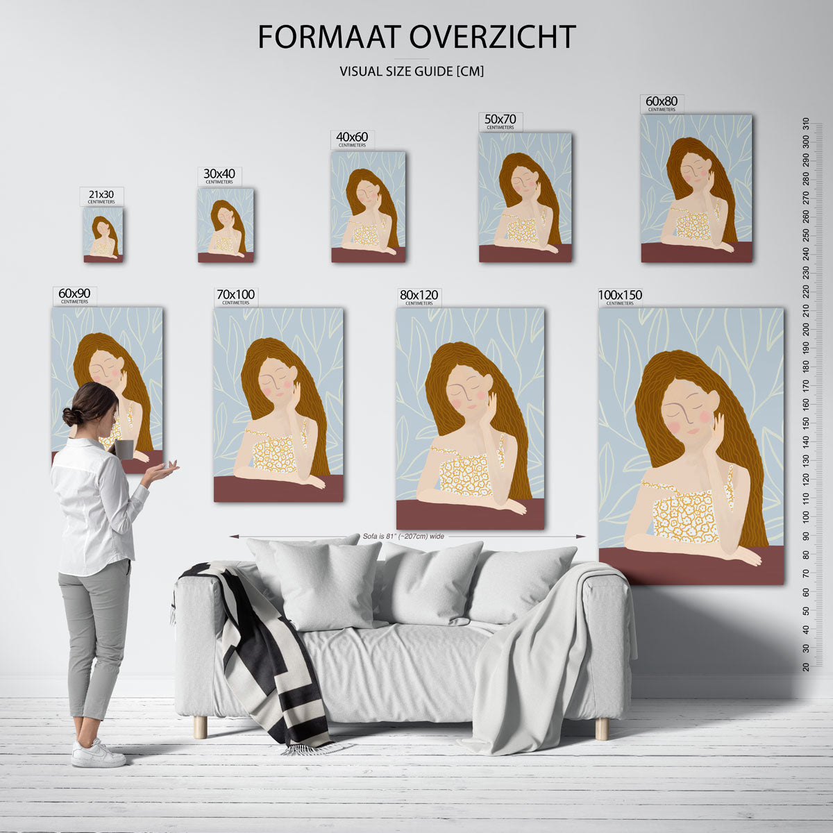 Vrouw met bloemenjurk – staande muurposter met hedendaagse illustratie
