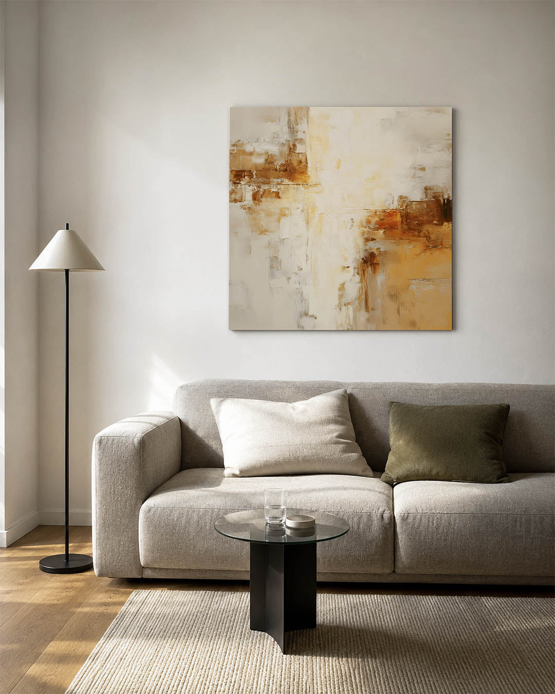 Warme kleuren compositie kunstwerk – vierkante wanddecoratie – dit werk toont een dynamische mix van beige en bruin tinten