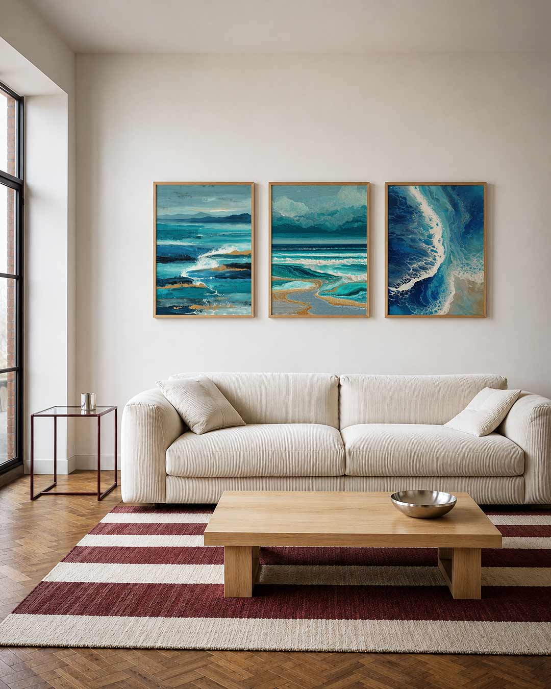 Zee en lucht driedelige posterset – deze afbeelding toont een dynamisch spel van golven en lucht