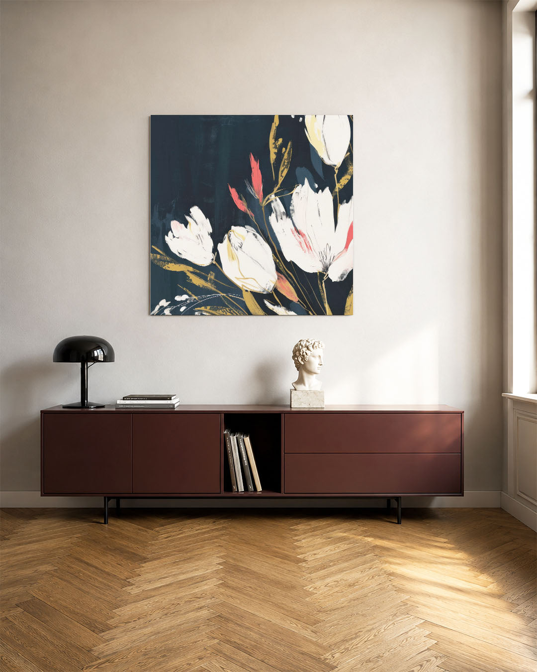 Bloemrijke expressie kunstwerk – tweede productweergave – dit werk toont een dynamische compositie van bloemen met vloeiende