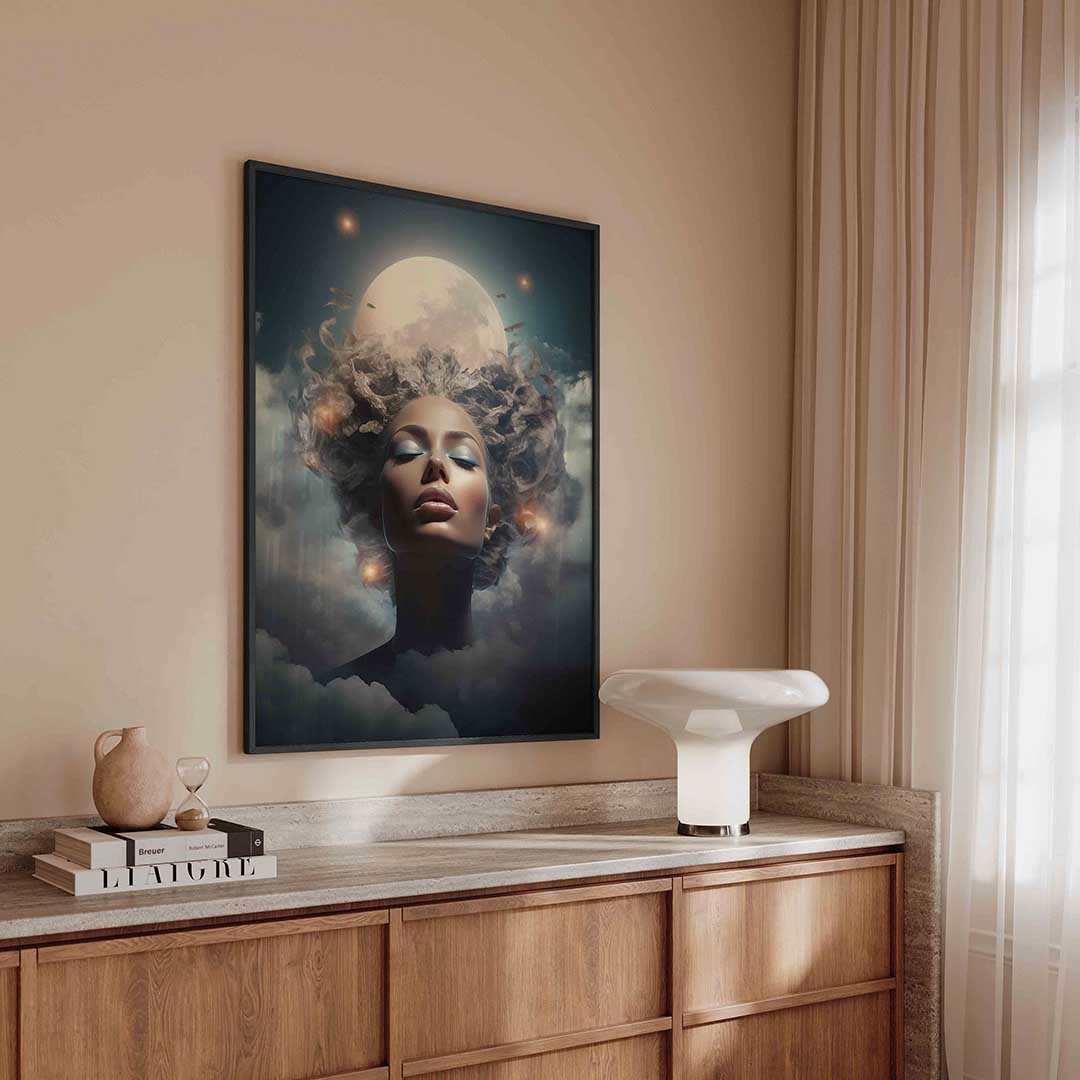 Vrouw met maan – surreal poster in staand formaat