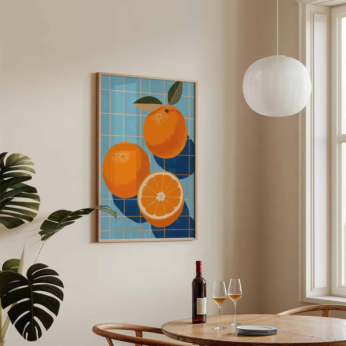 Zonnige Sinaasappels op Blauwe Tegels – keukenposter in staand formaat