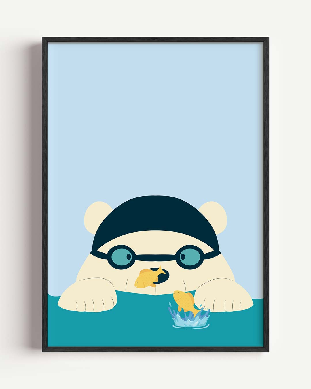 Zwemmende Beer met Vissevrienden – kids portret poster als wanddecoratie