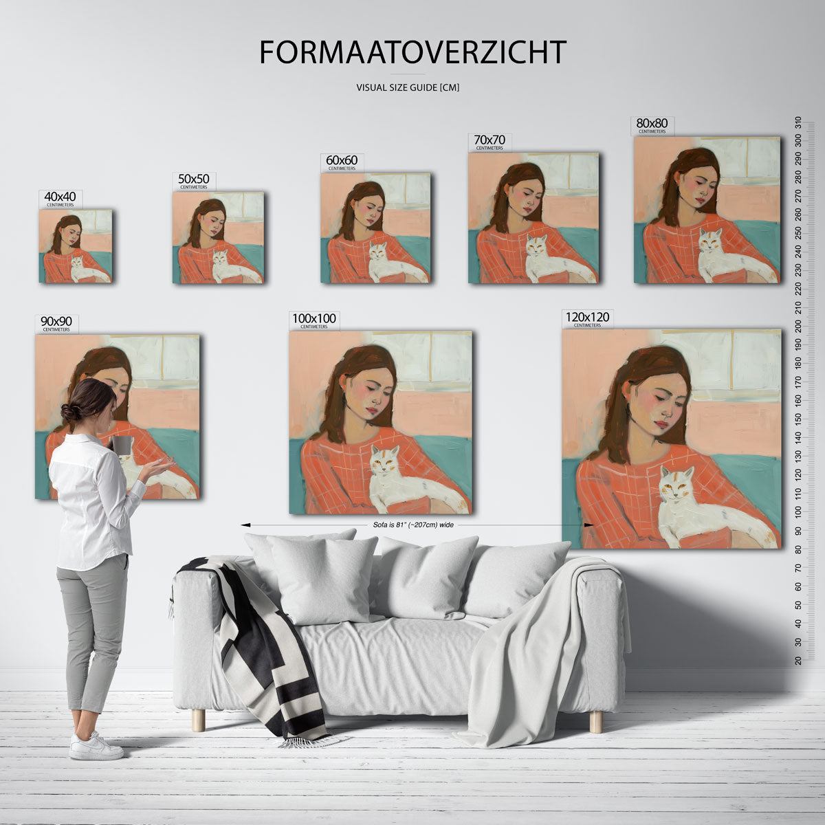 Vrouw met kat – vierkante muurposter met kunst en design