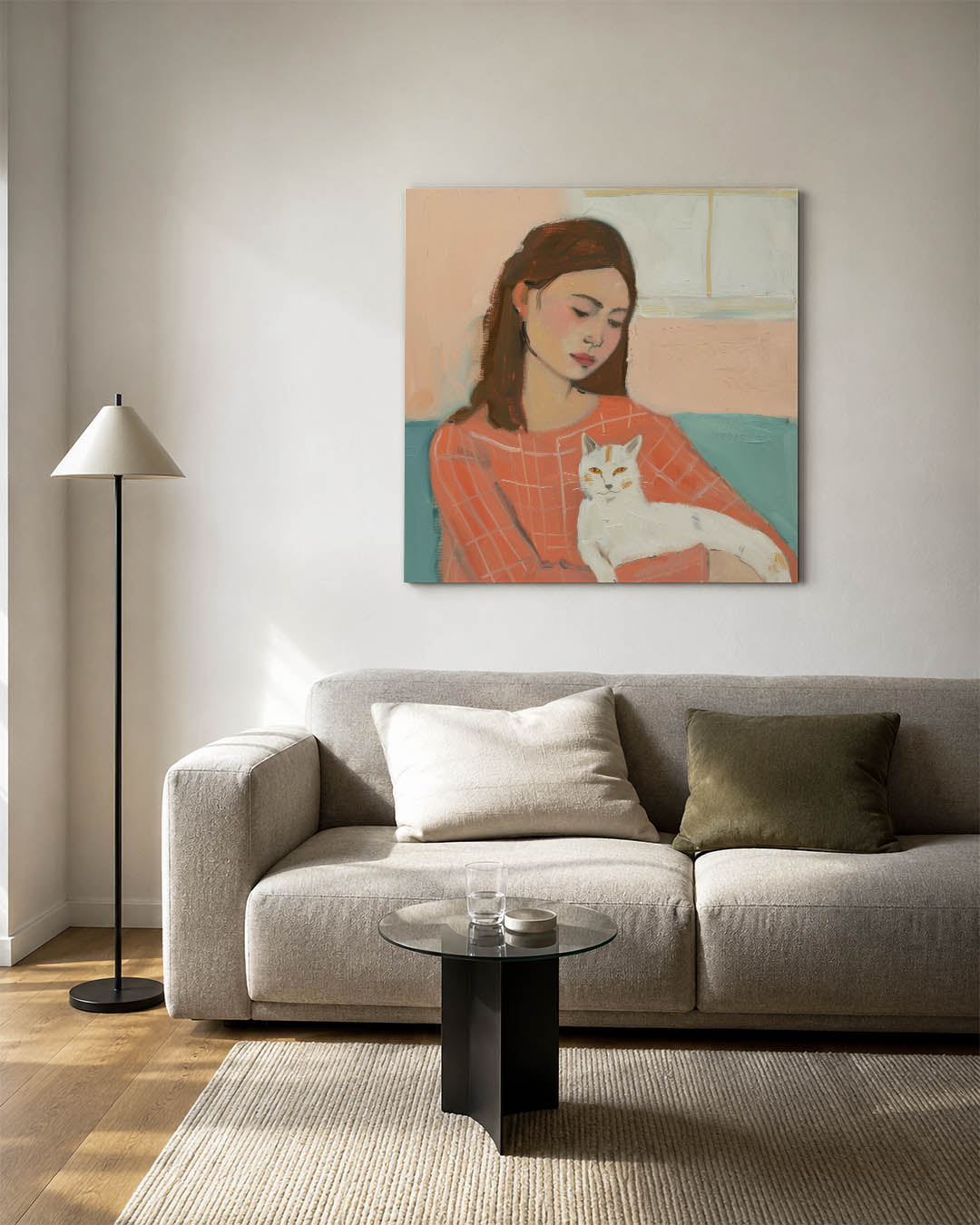 Vrouw met kat kunstwerk – vierkante wanddecoratie – dit kunstwerk toont een vrouw met een kat op schoot. De zachte kleuren en