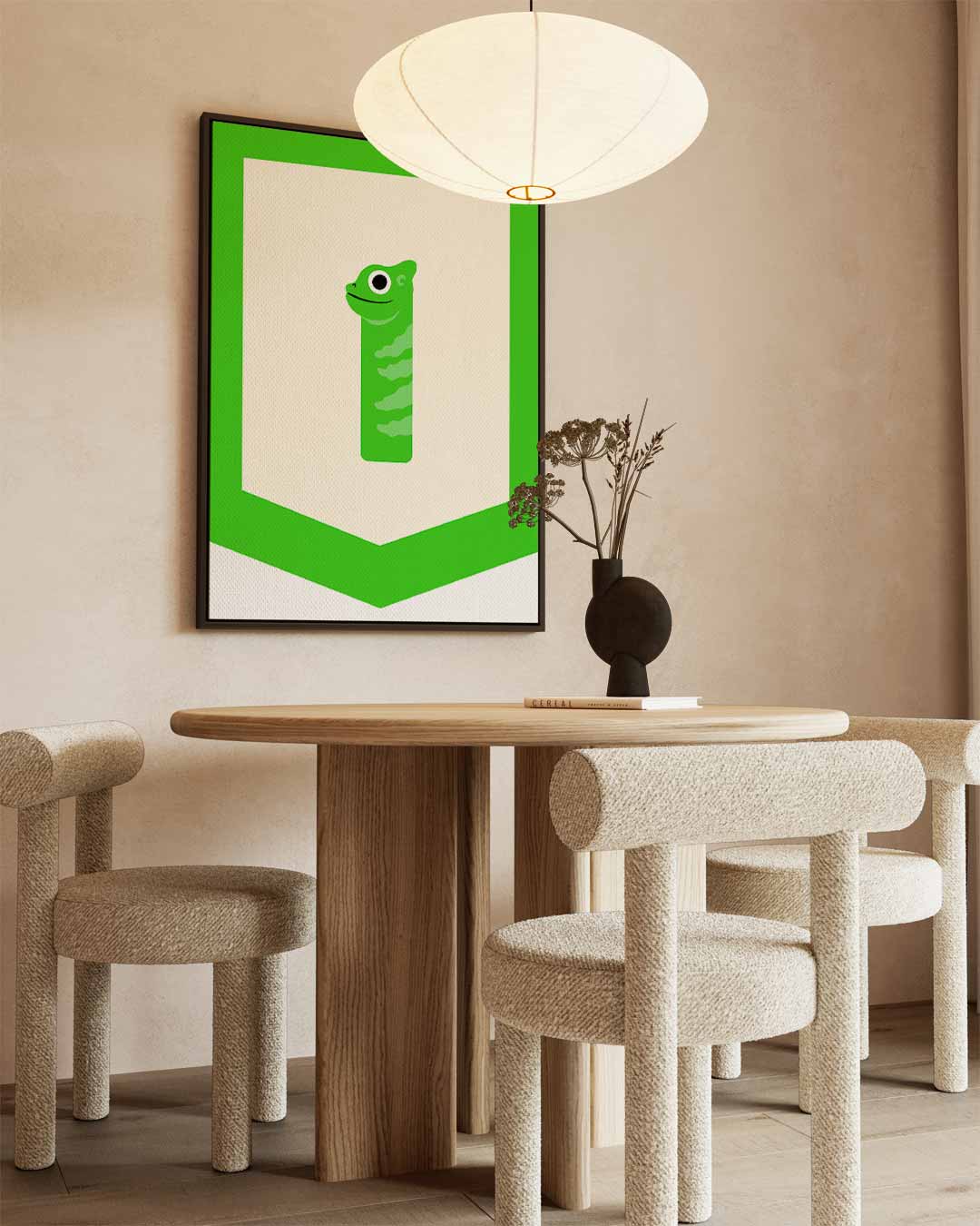 Vrolijke Gecko Illustratie – kunstwerk met zwarte baklijst