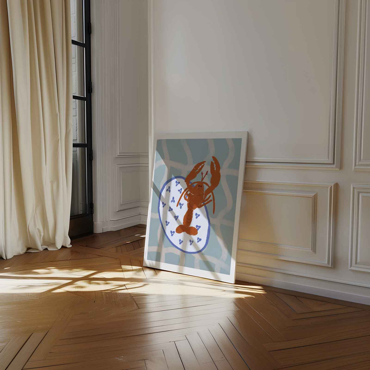 Dansende Kreeft op Servies – kunstwerk met zwarte baklijst