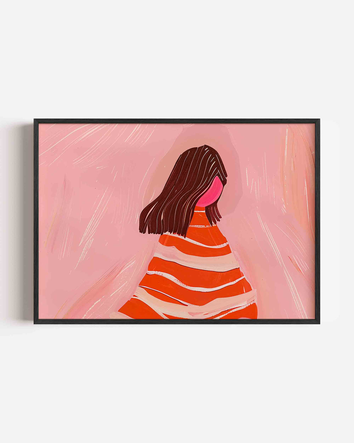 Gestreepte jurk en roze achtergrond – vrouwelijk portret als landscape poster